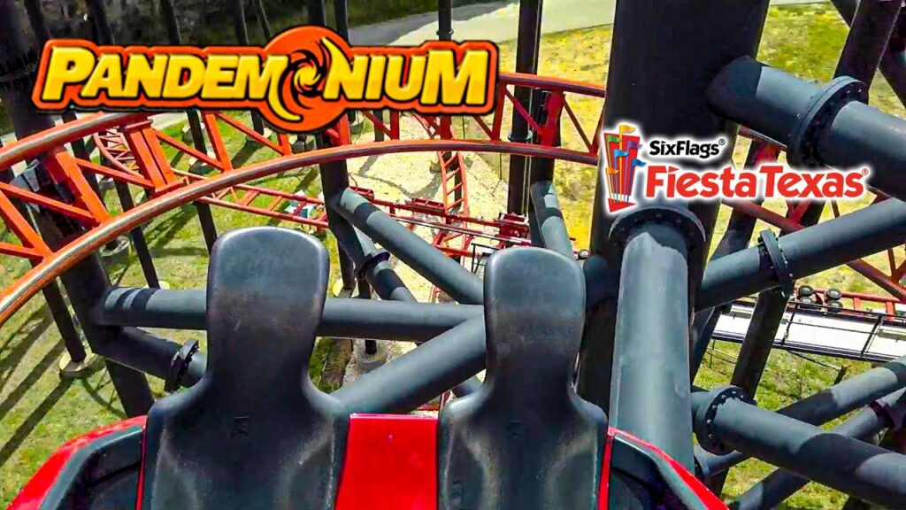 2020 Pandemonium Roller Coaster On Ride HD POV Six Flags Fiesta Texas | Its design consists of several cars holding four riders each. While the cars traverse the track, they spin around according to the angle of the track and the shifts in the riders' weight.