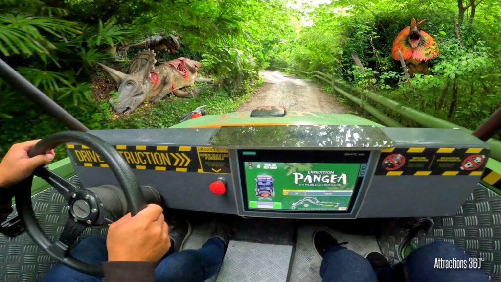 Jurassic Park-Like Jeep Ride w/ NO Track! Drive Yourself Attraction | PANGEA at Movieland | "An adventurous journey on board specially made jeeps will transport you into a forest populated by realistic animated reproductions of the most famous dinosaurs, which will come to life before your eyes. The jeeps have the unique characteristic of being able to be driven independently thanks to a radar positioning system" -