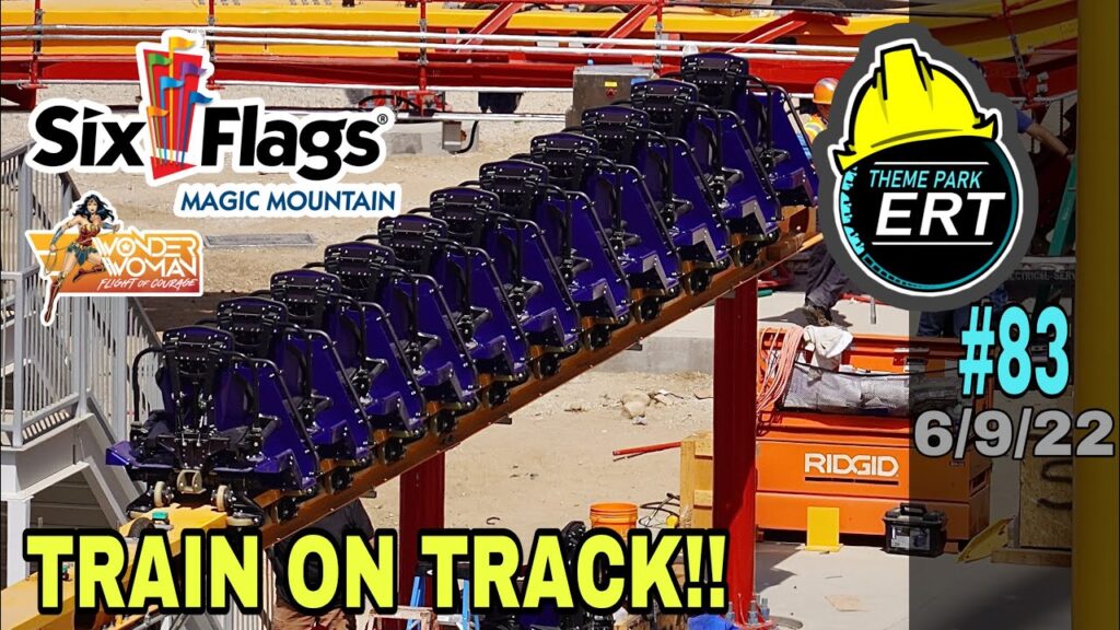 SIX FLAGS MAGIC MOUNTAIN WONDER WOMAN CONSTRUCTION UPDATE #83 6/9/22 [TRAIN ON STORAGE TRACK!!] | The first train is on the track!! Lots of other work being done as well like electrical and the installation of the chain for the lift