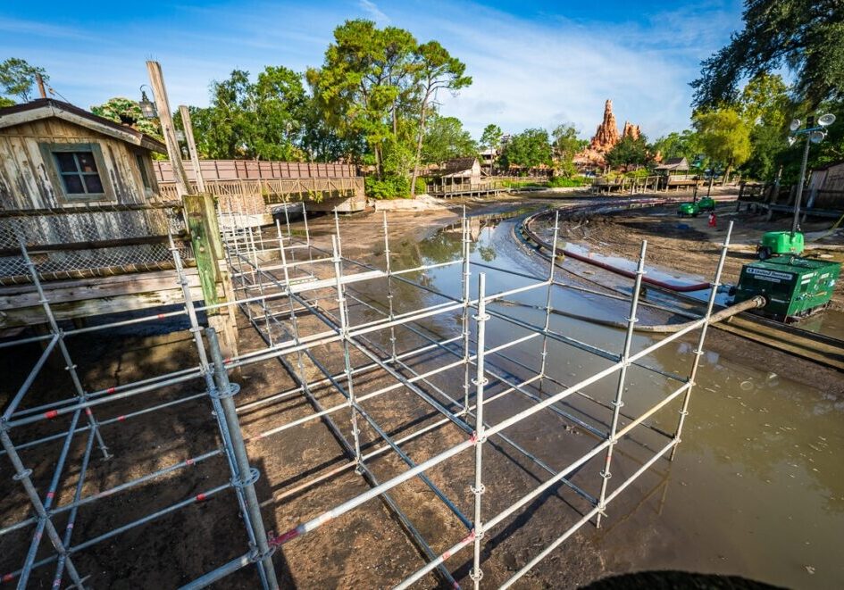 Scaffolding Rises in Riverbed of America as Piston Peak Prep Accelerates in Magic Kingdom