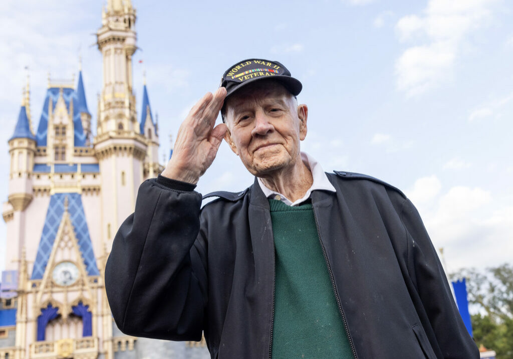 World War II veteran in front of Cinderella Castle, Walt Disney World